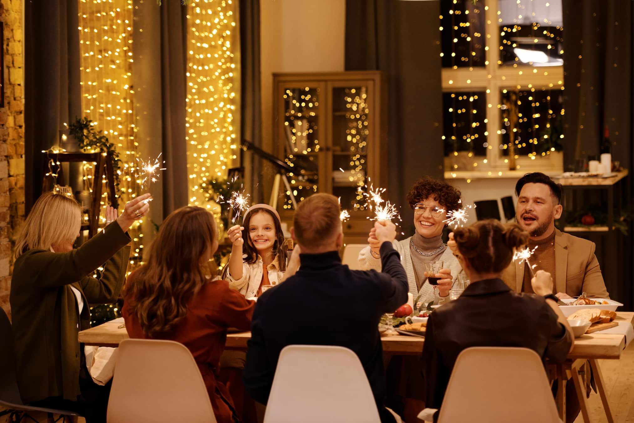 A busy family dinner with many conversations happening at once