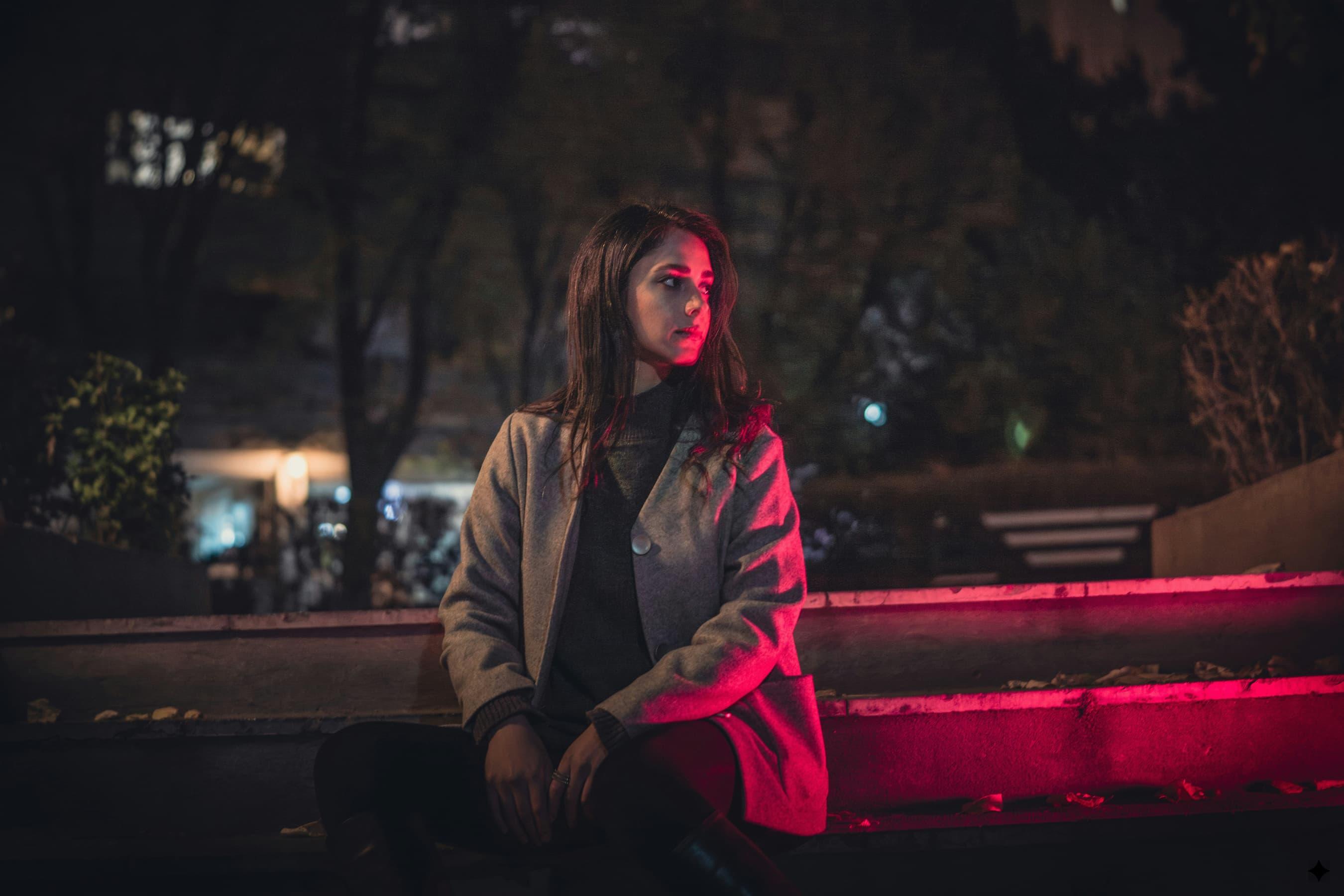 A person sitting alone on a park bench looking contemplative